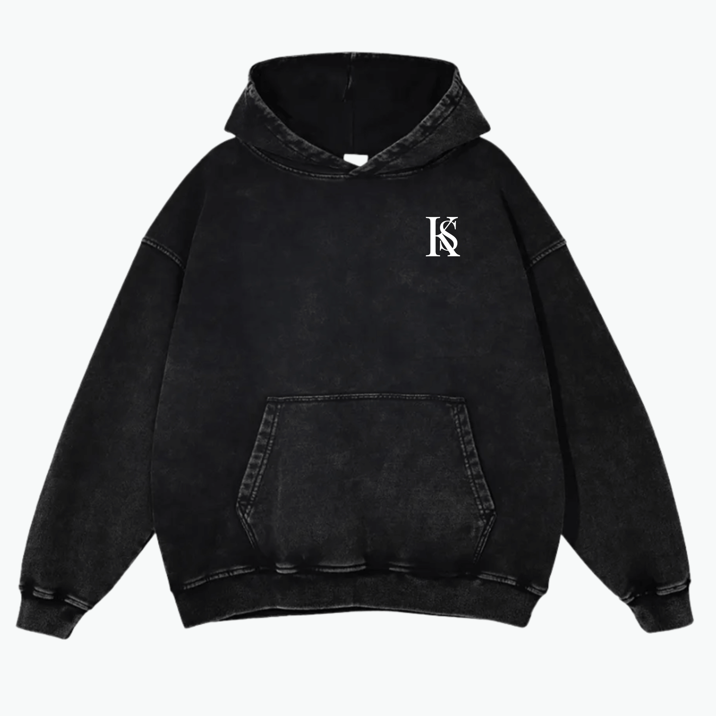 Hoodie oversized délavé Kalispera signature en coton noir, style streetwear haut de gamme, coupe authentique.