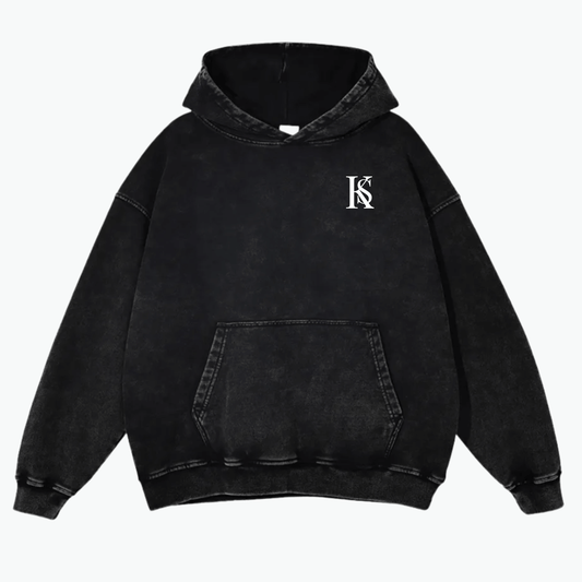 Hoodie oversized délavé Kalispera signature en coton noir, style streetwear haut de gamme, coupe authentique.