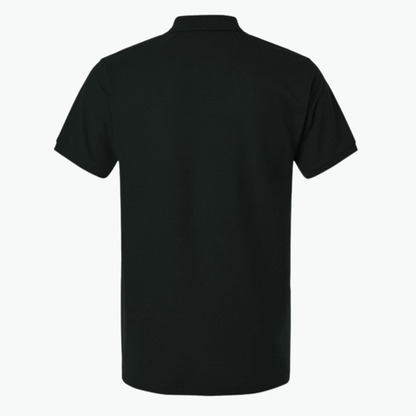 Back view of the black Kalispera ORIGIN polo shirt, showcasing minimalist and stylish design.